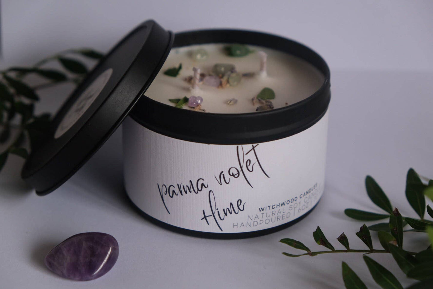 Parma Violet and Lime scented soy candle,matte black tin
