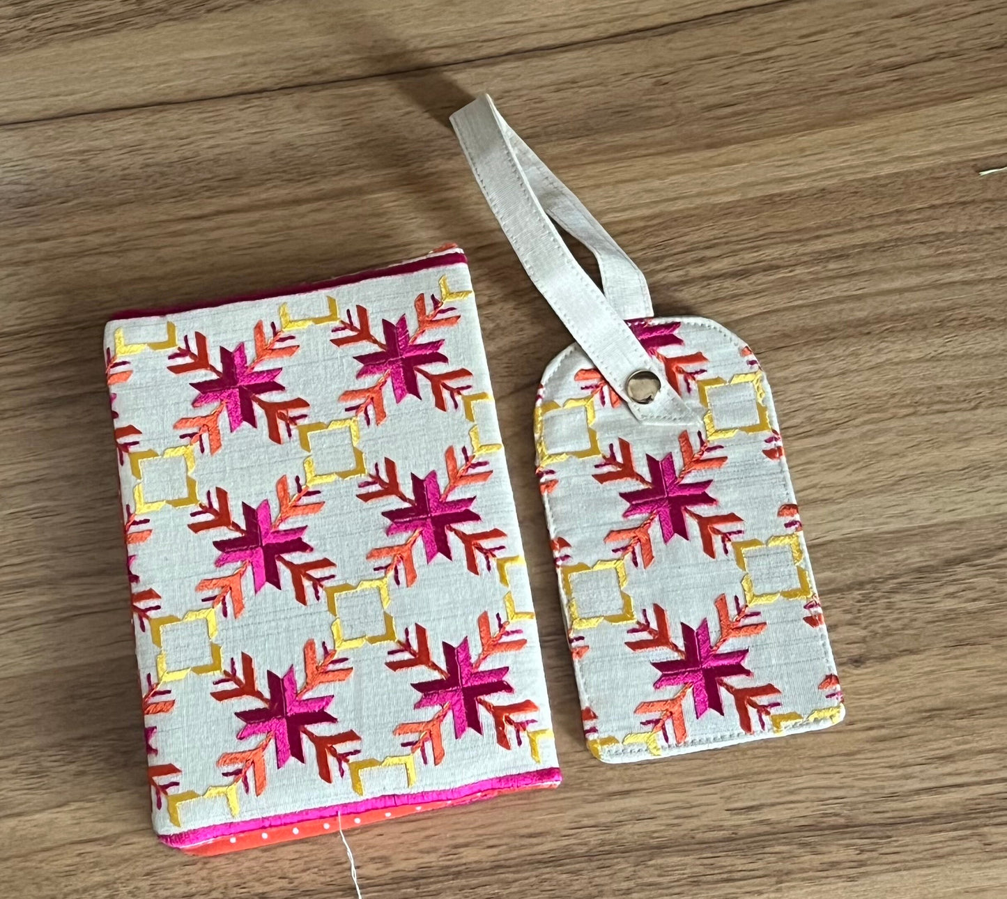 Handmade fabric passport holder with matching luggage tag