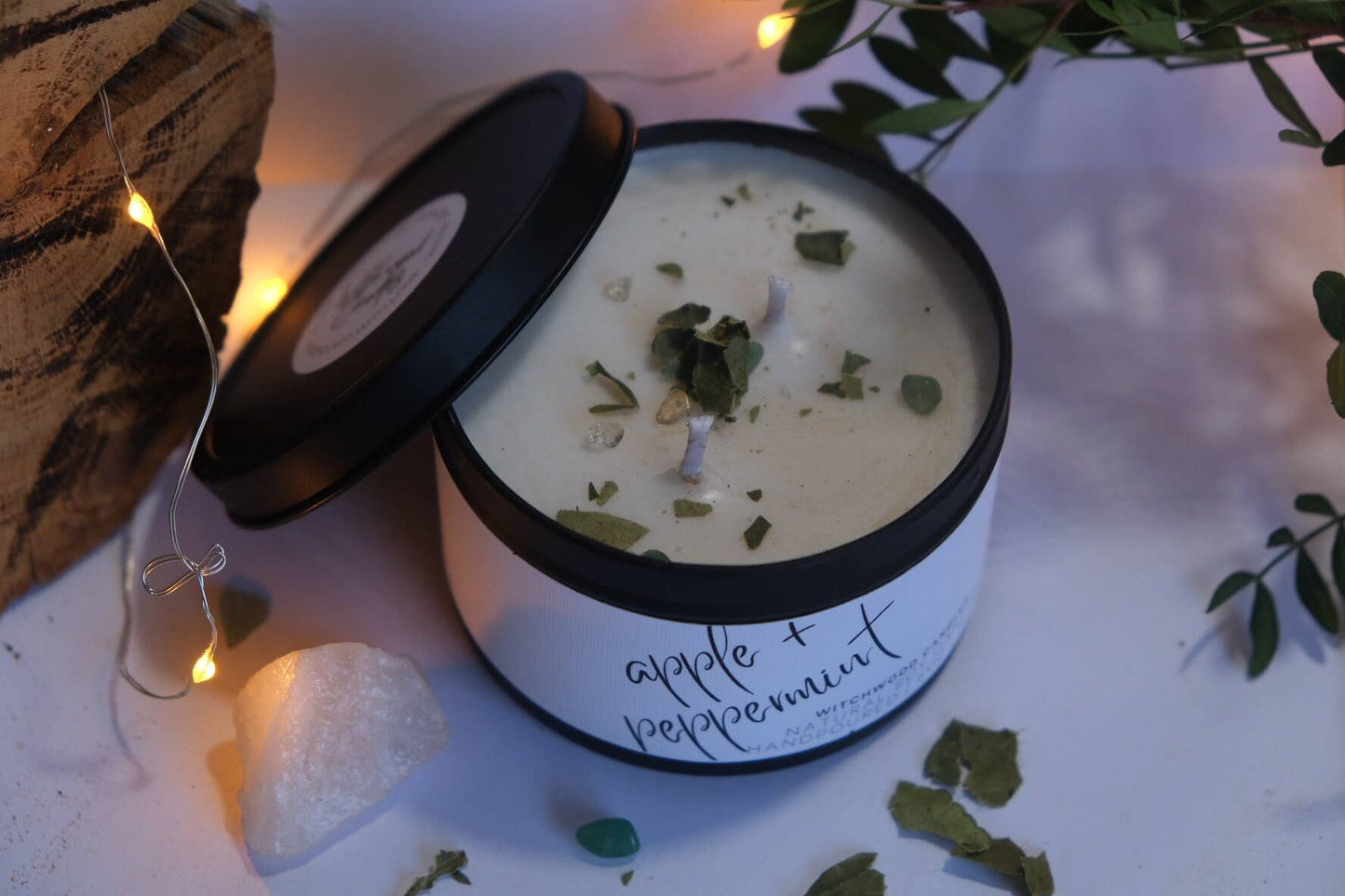 Apple and Peppermint scented soy candle, matte black tin