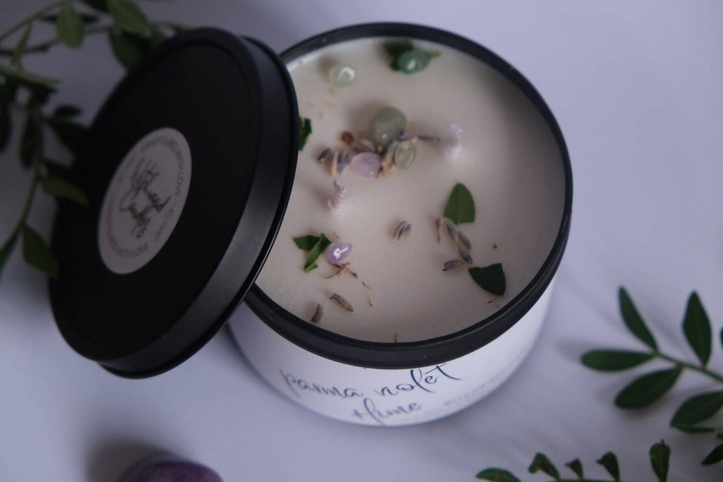 Parma Violet and Lime scented soy candle,matte black tin