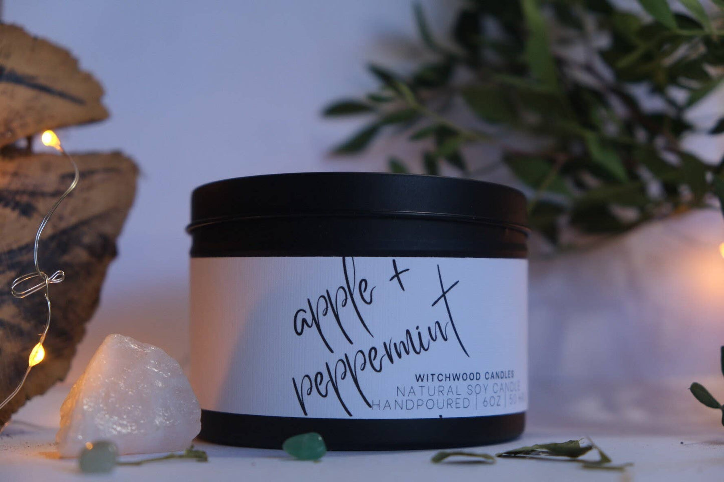 Apple and Peppermint scented soy candle, matte black tin