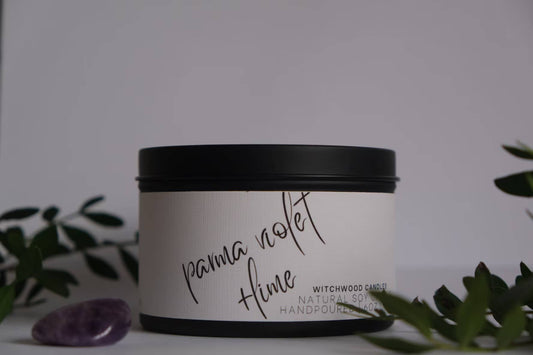 Parma Violet and Lime scented soy candle,matte black tin