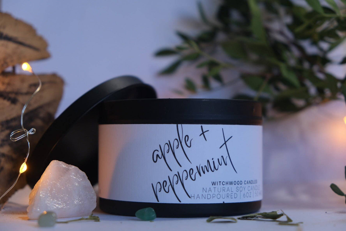 Apple and Peppermint scented soy candle, matte black tin