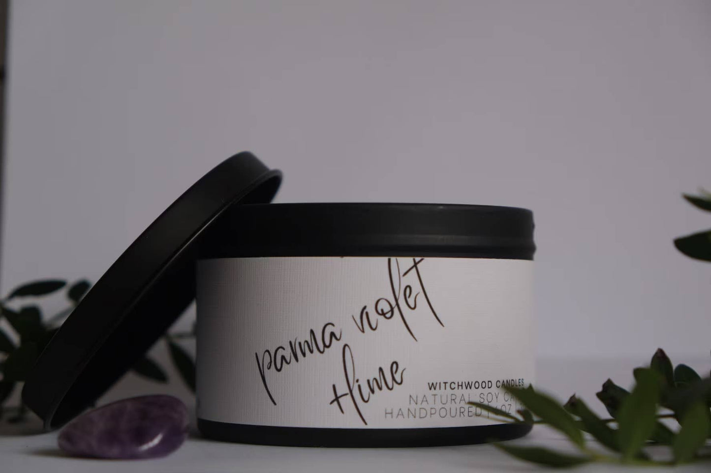 Parma Violet and Lime scented soy candle,matte black tin