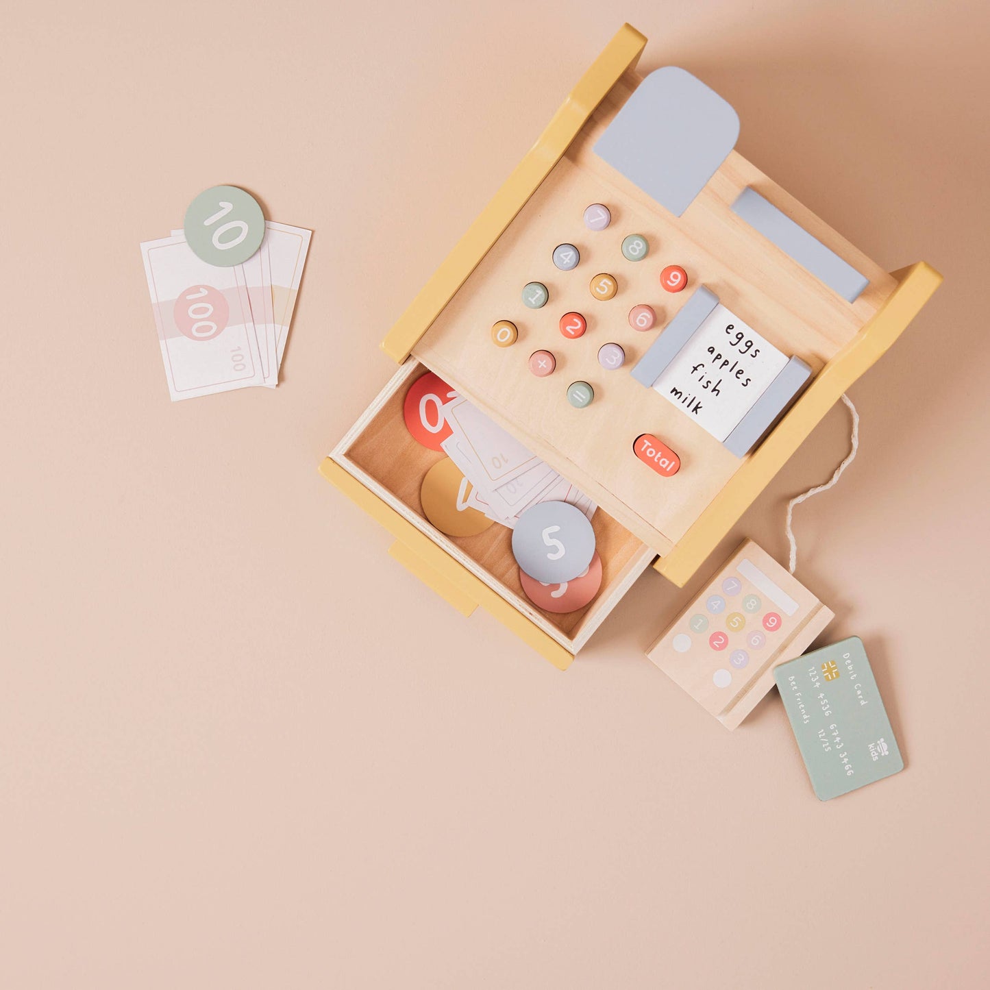 Just Bee Kids Wooden Cash Register Toy with Play Money
