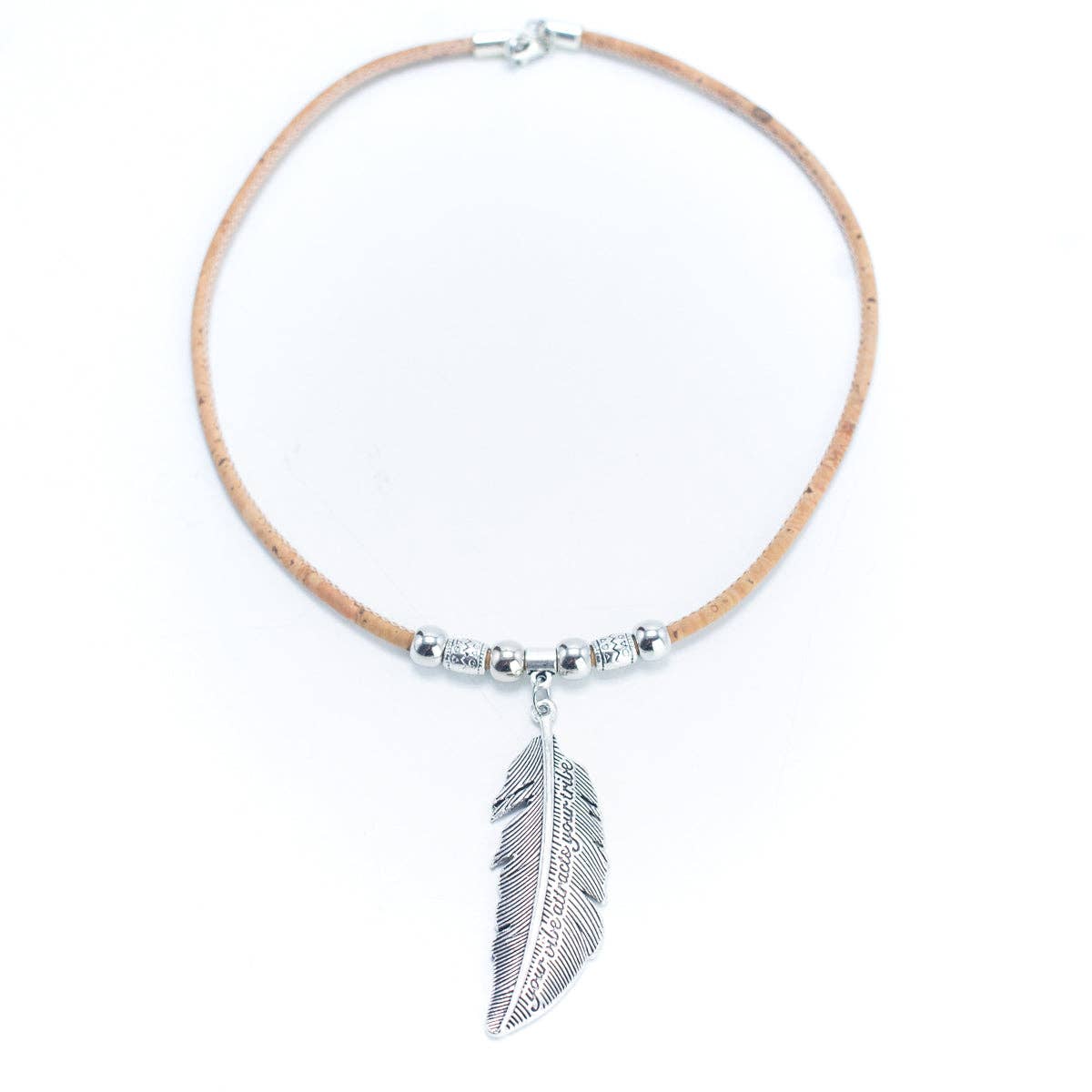 Natural cork with feather pendant Handmade necklace N-018