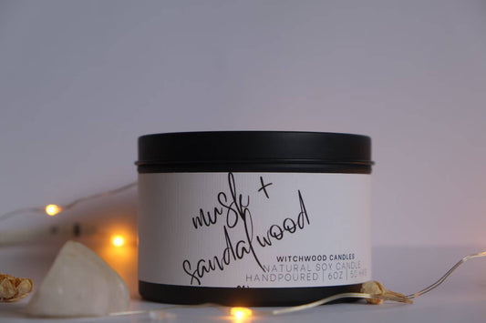 Musk and Sandalwood scented soy candle, matte black tin