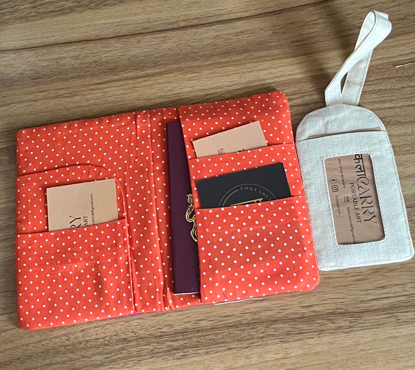 Handmade fabric passport holder with matching luggage tag