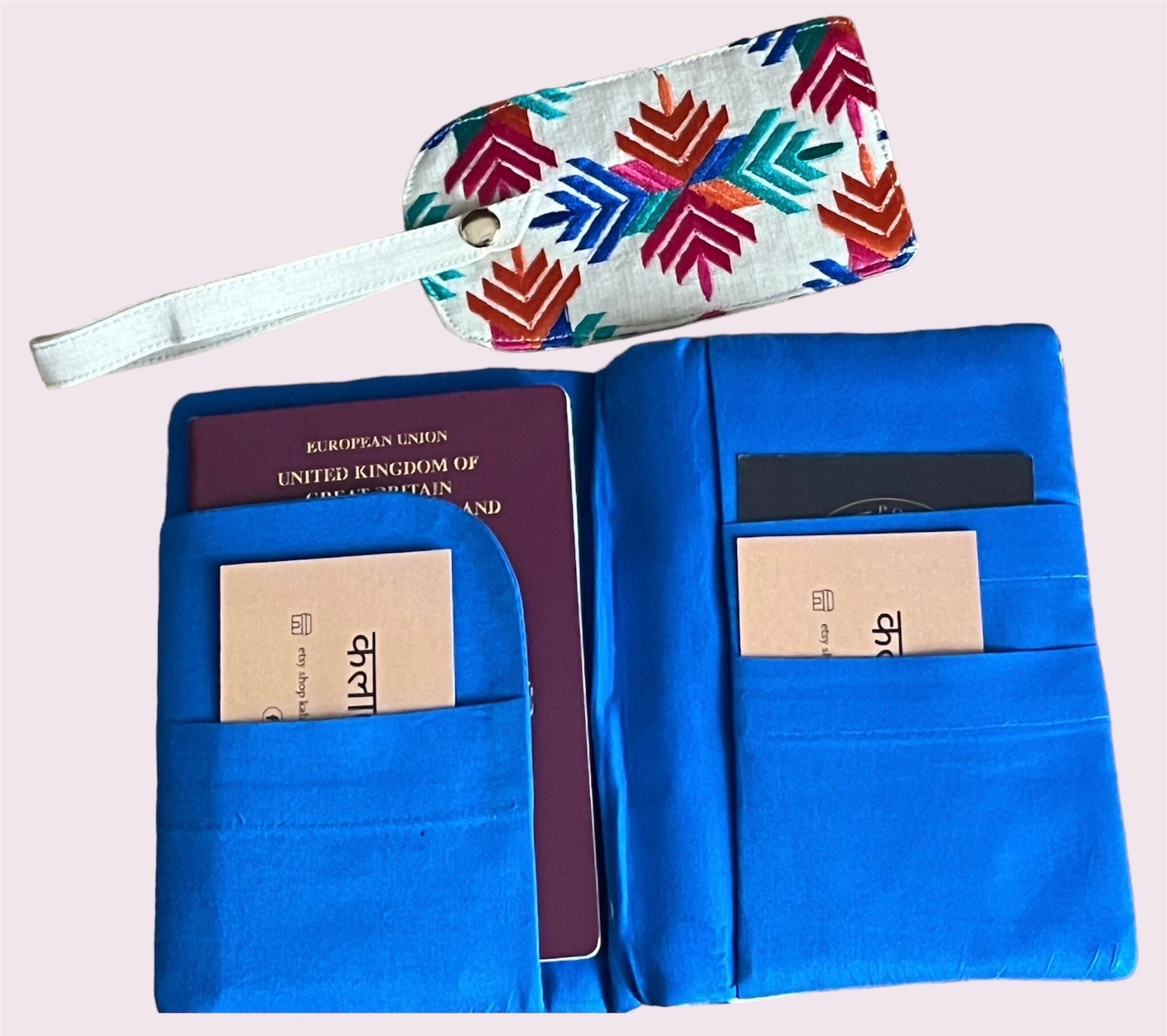 Handmade fabric passport holder with matching luggage tag