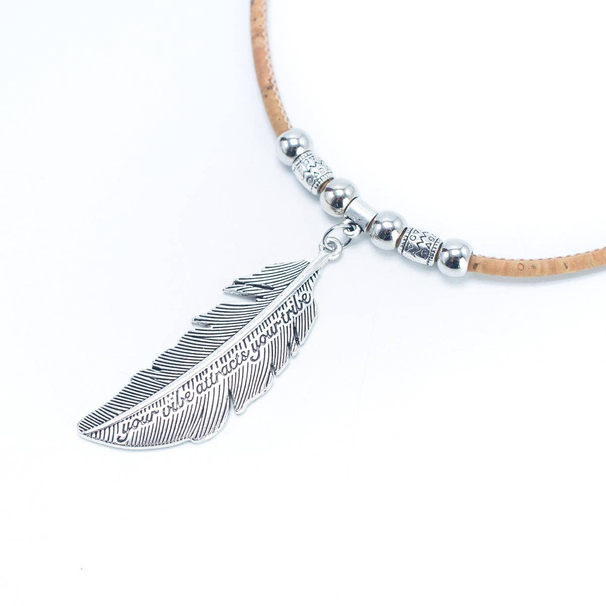 Natural cork with feather pendant Handmade necklace N-018