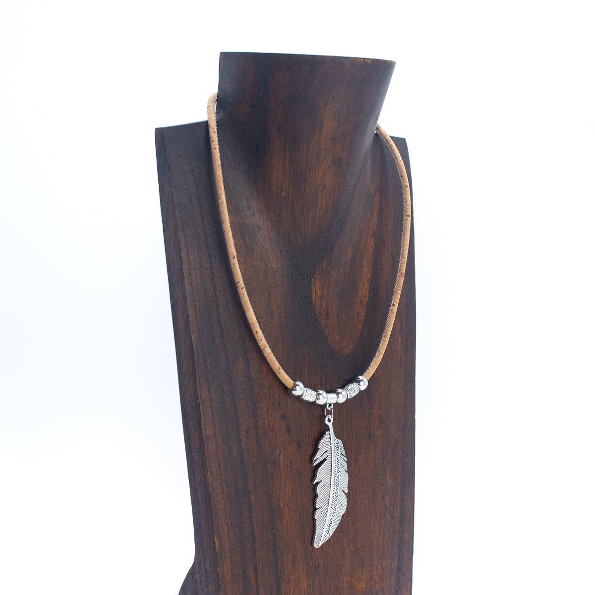 Natural cork with feather pendant Handmade necklace N-018